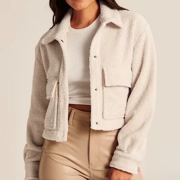 Abercrombie & Fitch Jackets & Blazers - Abercrombie & Fitch Cropped Sherpa Fleece Teddy Jacket Shacket Cream Medium